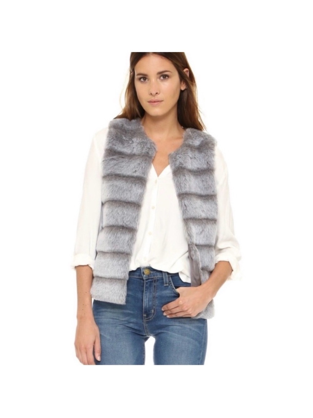 Joie Faux Fur Andrina Open Front Vest Teddy Vest Fancy Light Gray Size M